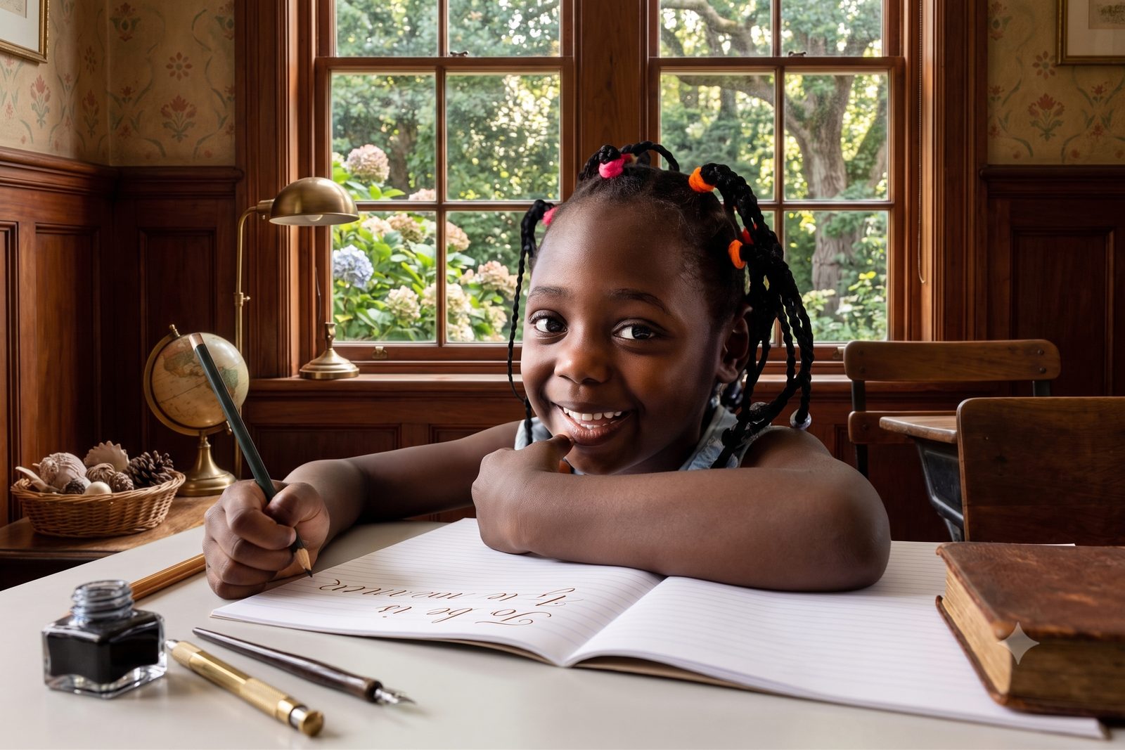 A young student practicing penmanship by a sunlit window